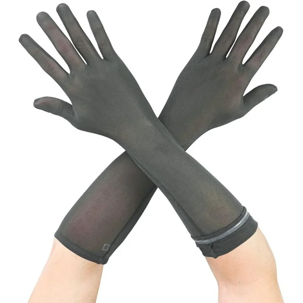 Women's Gray Tulle Mesh Elbow Length Gloves Wedding Party Dress Costume